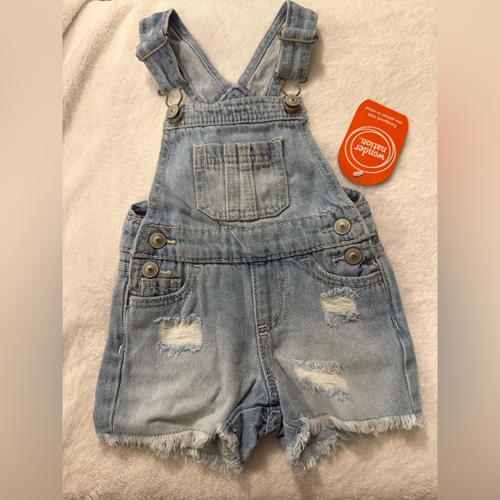 wonder nation Light Wash Denim Short Overalls with Distressed Trim